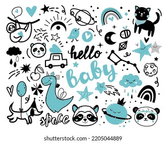 Funny set of animals in boho style in one line style. T-shirt design, nursery decoration, greeting card, poster. Vector illustration black and white