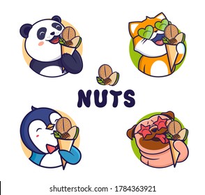 The funny set of animals enjoying a trail mix pack. Illustration for advertising nuts and dried fruits. Cartoon characters for logotypes, posters, cards etc. Vector with lettering on white background
