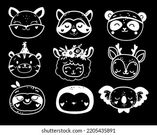 Divertido conjunto con animales de estilo boho en un estilo de línea. Ilustración vectorial en blanco y negro. Diseño de camisetas, decoración de vivero