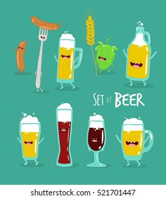 Funny set of beer. Vector illustrations. You can use in the menu, in the shop, in the bar, the card or stickers.