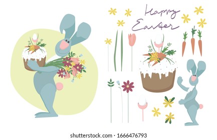 Funny set with blue easter rabbit with cake in hands egg and bouquet of spring flowers vector 