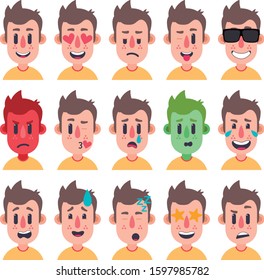 Funny set of boy emotions 01. Facial expressions. Cartoon style. Vector illustration. Flat design style.