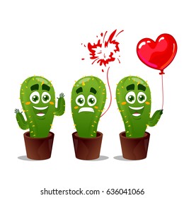 Funny set of cactus with balloon. Vector illustration isolated on white background