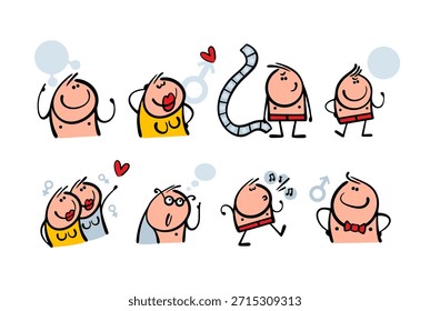 Conjunto divertido de personajes de dibujos animados. Imágenes vectoriales de mujeres y hombres, desnudez, relaciones sexuales y un cuerpo atractivo.