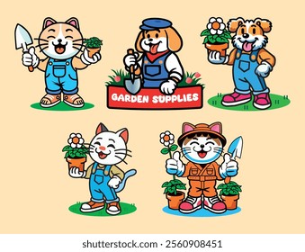 Funny set of cartoon gardening mascots of a cat and dog in apron, holding a flower in a pot and smiling. Vector emblem, sticker design