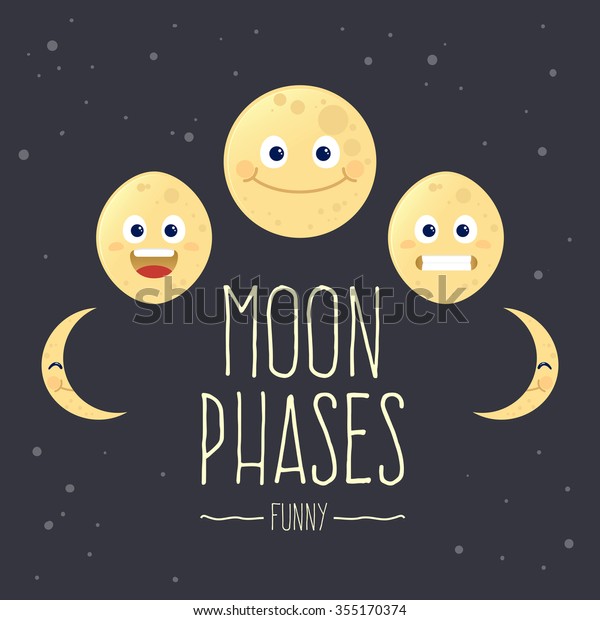 Funny\
set of cartoon moon phases, vector\
illustration\
