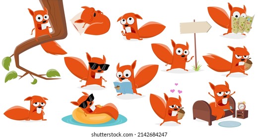 funny set of a cartoon squirrel in various situations