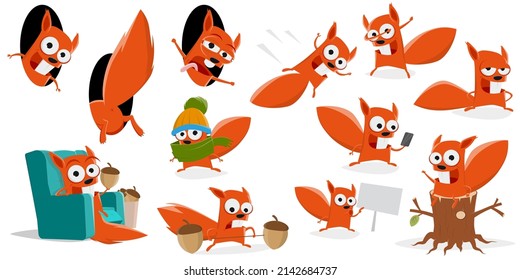 funny set of a cartoon squirrel in various situations