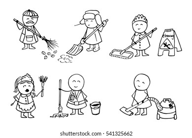 Funny set of cleaning service workers. Doodle vector illustration.