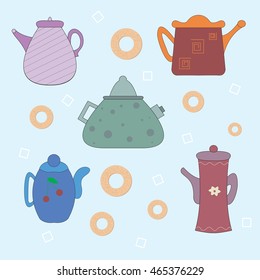 Funny set of colorful teapots. Vector illustration