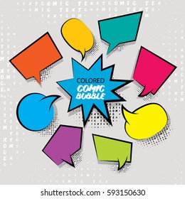 Funny set comic book cartoon text dialog, colored empty cloud. For sale banner. Abstract creative hand drawn vector colorful blank bubble. Comic speech balloon on halftone dot background pop art style