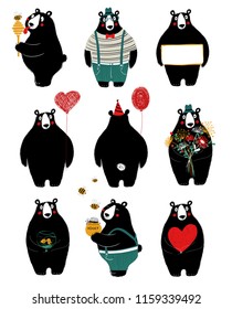 Funny set with cute black bear. Perfect for Birthday greeting cards, posters, invitation or just some love message.