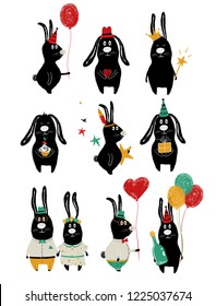 Funny set with cute black rabbit. Perfect for Birthday, Valentine's day greeting cards, wedding invitation or just some love messages.