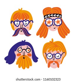 Funny set of cute hippies portraits. Vector avatars for festival. Hand drawn stylish faces. Sticker set.