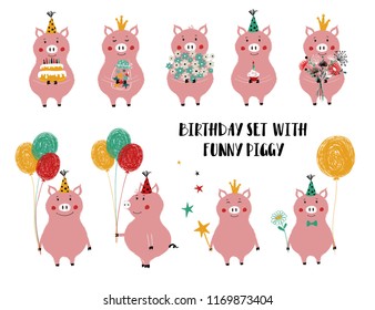 Funny set with cute pink pig. Perfect for Birthday greeting cards or just some lovely message.