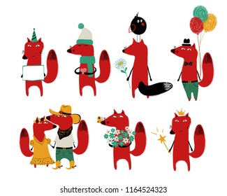 Funny set with cute red fox. Perfect for Birthday greeting cards, posters, invitation or just some love message.