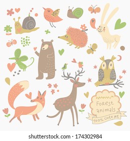 Funny set of cute wild animals in the forest: fox, bear, hedgehog, rabbit, snail, deer, owl, bird, mouse. Vintage set