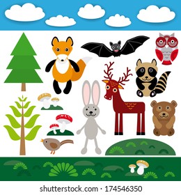 Funny set of cute wild animals, forest and clouds. Fox, bear, rabbit, raccoon, bat, deer, owl, bird. vector