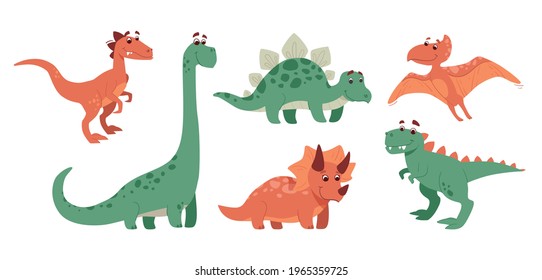 Funny set of dinosaurs. Stegosaurus, triceratops, brachiosaurus, brontosaurus, velociraptor, pteranodon, tyrannosaurus rex. The dinos are smiling cheerfully. Collection of prehistoric animals. Vector.