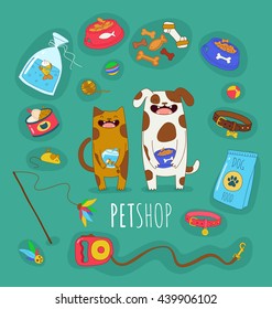 Funny set of dog and cat life icons. Pets food and toys. Vector illustrations. You can use in the menu, in the shop, in the bar, the card or stickers.