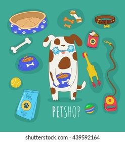 Funny set of dog life icons. Dog food and toys. Vector illustrations. You can use in the menu, in the shop, in the bar, the card or stickers.