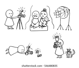 Funny set of doodle photographers. Vector hand drawn  illustration.