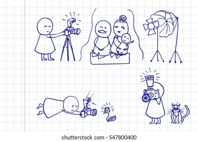 Funny set of doodle photographers. Vector hand drawn  illustration on notebook page.