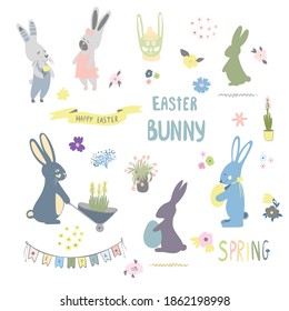 Funny set with Easter bunnies, inscriptions, flowers, garland flag. Vector illustration is well suited for stickers, postcards.