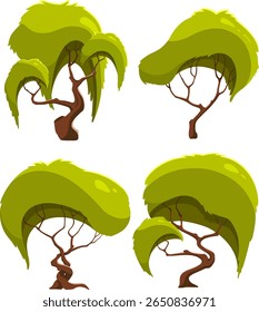 Engraçado conjunto de árvores de fantasia, ilustração do vetor da natureza do verão no mesmo estilo, isolado no branco