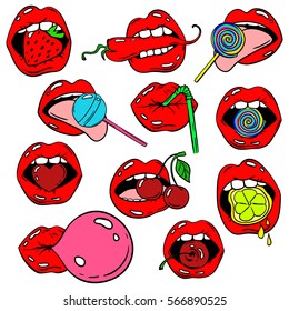 Funny set of female lips stickers or icons, in cartoon 80s-90s pop comic style. Woman's mouth with strawberry, cherry, pepper, lemon, bubble gum, candy, lollipop and cocktail straw.