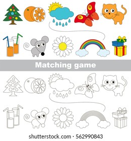 Funny set to find the appropriate couple of objects, to compare and connect objects and their relevant pairs, the matching educational kid game with simple gaming level for preschool kids.