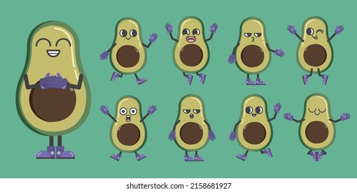 Sonniges Obstset in Cartoon-Charakter in verschiedenen Gesten, Avocado-Emotion im Comic-Stil für Grafikdesigner, Vektorgrafik