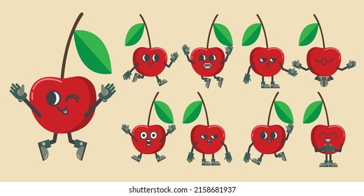 Divertido conjunto de frutas en personaje de dibujos animados en diversos gestos, cereza con diferentes emociones en estilo cómico para diseñador gráfico, ilustración vectorial