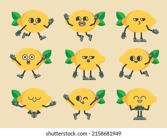 Divertido conjunto de frutas en personaje de dibujos animados en diversos gestos, comic de limón para diseñador gráfico, ilustración vectorial