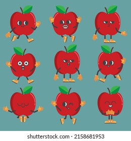Funny set of fruit in cartoon character in various gestures, red apple in comic for graphic designer, vector illustration
