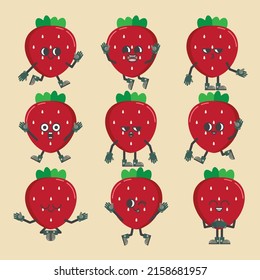 Divertido conjunto de frutas en personaje de dibujos animados en diversos gestos, emoción de fresa en estilo cómico para diseñador gráfico, ilustración vectorial