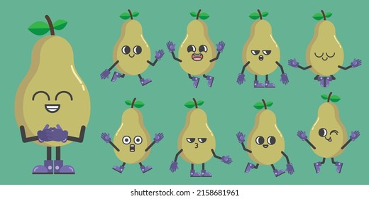 Funny set of fruit in cartoon character in various gestures, pears with different emotion in comic style for graphic designer, vector illustration