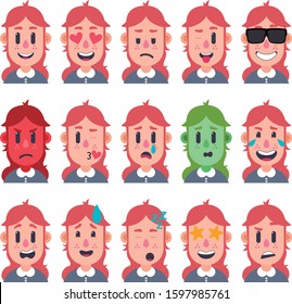 Funny set of girl emotions 01. Facial expressions. Cartoon style. Vector illustration. Flat design style.