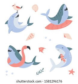 Funny set with happy sharks. Vector illustration for prints, decorations, greeting cards