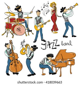 Funny set of isolated colorful hand drawn jazz musicians. Jazz band icons.