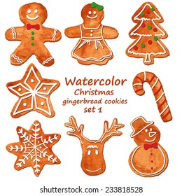 Funny set of isolated watercolor Christmas gingerbread cookies. Vector illustration