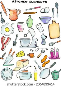Funny set of kitchen elements drawn by hand and made as vector in doodle style. Bright set of vector illustrations for home cooking template, cooking book icons of dishware and food