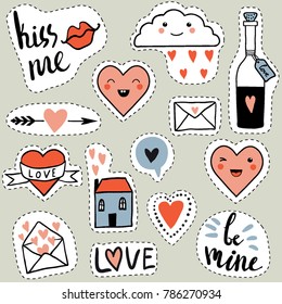 Funny set of love cartoon stickers. Hand drawn elements for Valentine's day or wedding.  Cute doodle llustration with hearts, house, cloud, arrows and hand written text