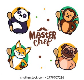 The funny set of master chef animals. Characters holding spoons for cooking. Can be used for posters, cards, flyers, stickers, cooking show etc. Vector illustration with lettering on white background