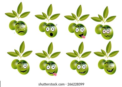 Funny set of olives with leaves and face 