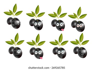 Funny set of olives with leaves and face 