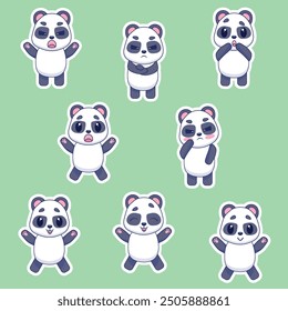 A funny set of panda stickers with different emotions in kawaii style. Panda character vector illustration
