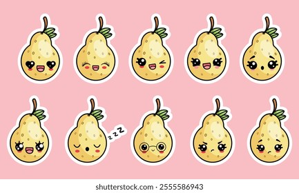 Funny set of pear character stickers in kawaii style with different emotions.Vector illustration of fruits