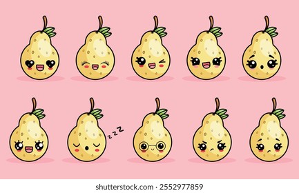  A funny set of pear characters in kawaii style. Cute vector illustration of fruits with different emotions.