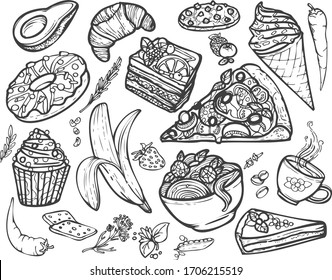 
Funny set of popular different food made in doodle style. Perfect for decorating menus, various posts on social networks and as stickers. High resolution